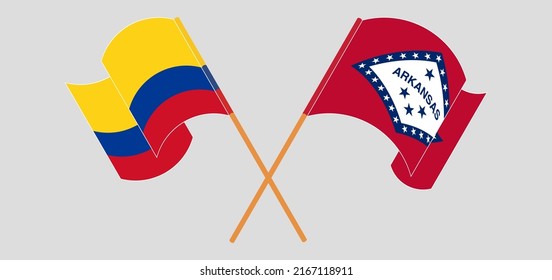 Crossed and waving flags of Colombia and The State of Arkansas. Vector illustration
