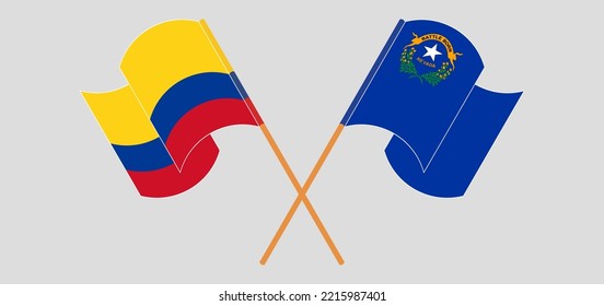 Crossed and waving flags of Colombia and The State of Nevada. Vector illustration
