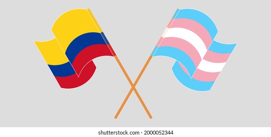 Crossed and waving flags of Colombia and Transgender Pride