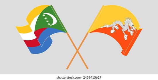 Crossed and waving flags of the Comoros and Bhutan. Vector illustration
