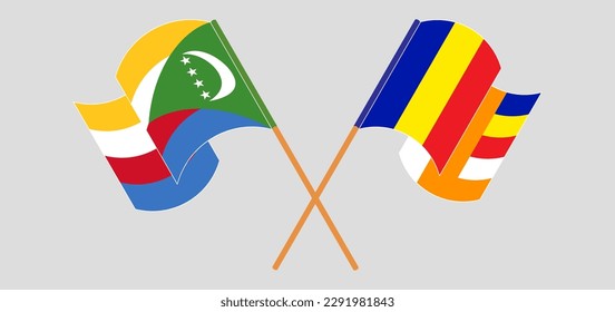 Cruzando y ondeando banderas de las Comoras y el Budismo. Ilustración del vector
