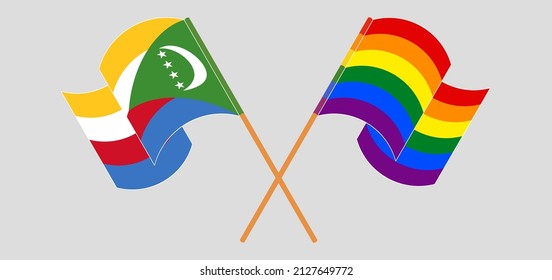 Crossed and waving flags of Comoros and LGBTQ. Vector illustration
