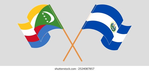 Crossed and waving flags of the Comoros and Republic of El Salvador. Vector illustration.
