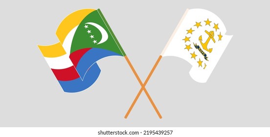 Crossed and waving flags of the Comoros and the State of Rhode Island. Vector illustration
