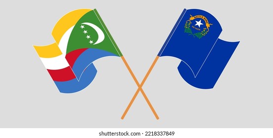 Crossed and waving flags of the Comoros and The State of Nevada. Vector illustration

