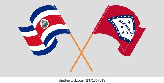 Crossed and waving flags of Costa Rica and The State of Arkansas. Vector illustration
