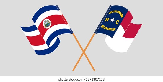 Crossed and waving flags of Costa Rica and The State of North Carolina. Vector illustration
