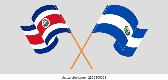 Crossed and waving flags of Costa Rica and Republic of El Salvador. Vector illustration.
