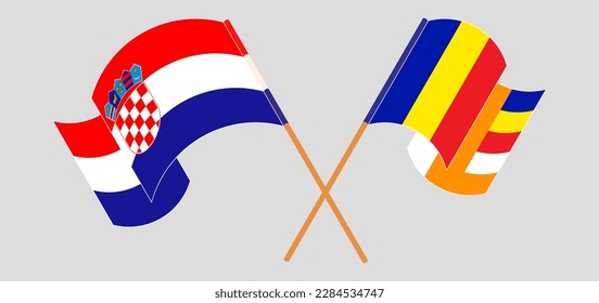 Crossed and waving flags of Croatia and Buddhism. Vector illustration

