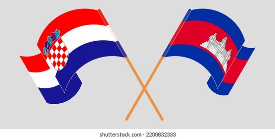 Crossed and waving flags of Croatia and Cambodia. Vector illustration
