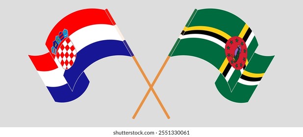 Crossed and waving flags of Croatia and Dominica. Vector illustration.
