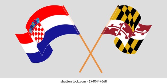 Crossed and waving flags of Croatia and the State of Maryland