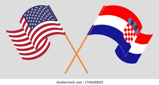 Crossed and waving flags of Croatia and the USA