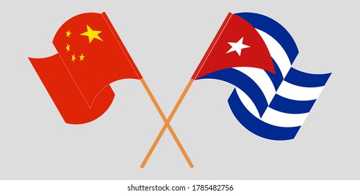 Crossed and waving flags of Cuba and China