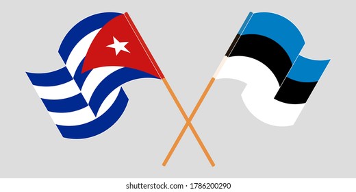 Crossed and waving flags of Cuba and Estonia