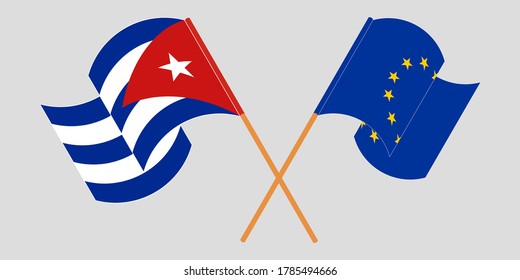 Gekreuzte und wehende Flaggen Kubas und der EU
