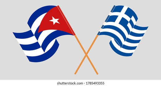 Crossed and waving flags of Cuba and Greece