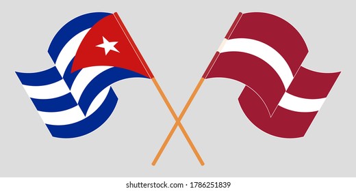 Crossed and waving flags of Cuba and Latvia