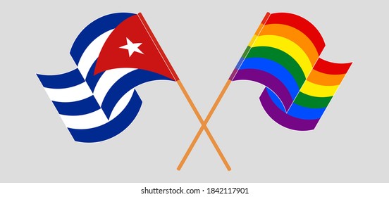Crossed and waving flags of Cuba and LGBTQ
