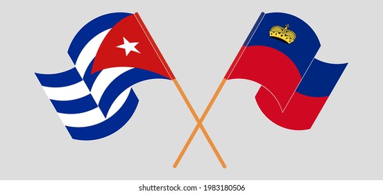 Crossed and waving flags of Cuba and Liechtenstein