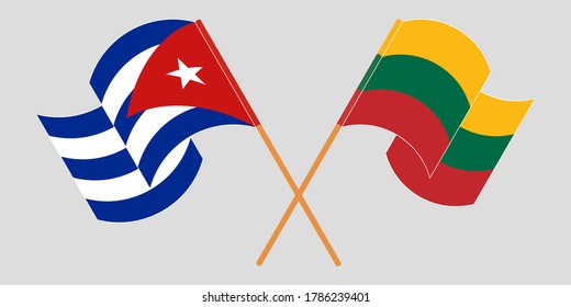 Crossed and waving flags of Cuba and Lithuania