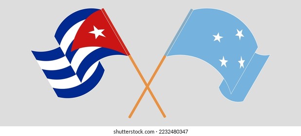 Crossed and waving flags of Cuba and Micronesia. Vector illustration
