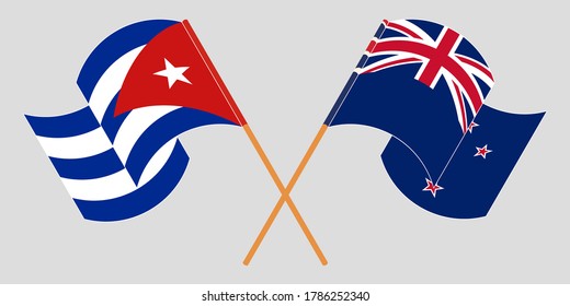 Banderas cruzadas y ondeando banderas de Cuba y Nueva Zelanda