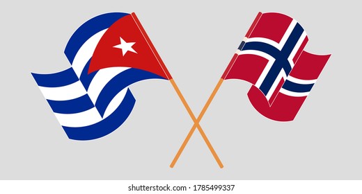 Crossed and waving flags of Cuba and Norway