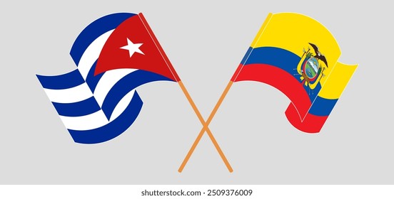 Banderas cruzadas y ondeando de Cuba y República del Ecuador. Ilustración vectorial
