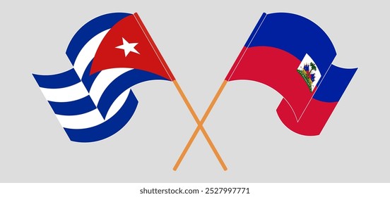Banderas cruzadas y ondeando de Cuba y la República de Haití. Ilustración vectorial.
