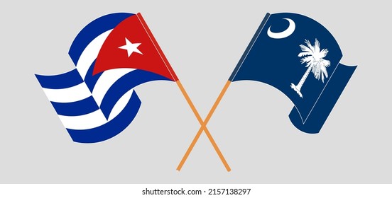 Crossed and waving flags of Cuba and The State of South Carolina. Vector illustration
