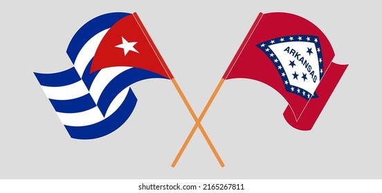 Überquerte und wehende Flaggen Kubas und des Staates Arkansas. Vektorgrafik
