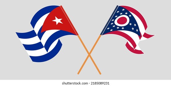 Crossed and waving flags of Cuba and the State of Ohio. Vector illustration
