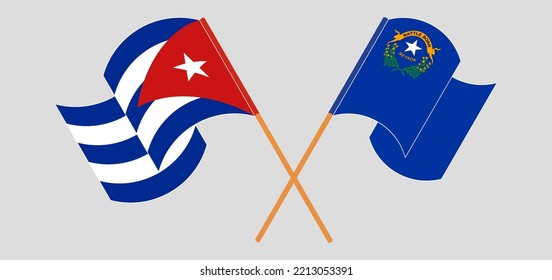 Crossed and waving flags of Cuba and The State of Nevada. Vector illustration
