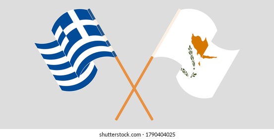 Crossed and waving flags of Cyprus and Greece