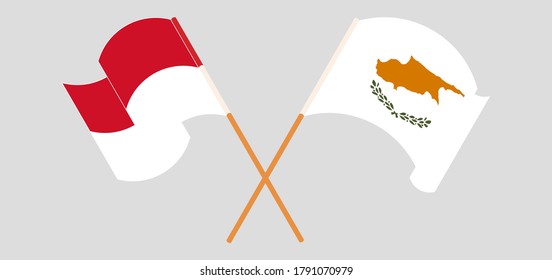Crossed and waving flags of Cyprus and Indonesia