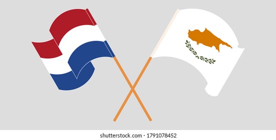 Crossed and waving flags of Cyprus and the Netherlands