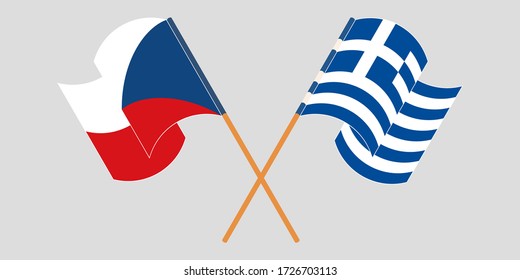 Banderas cruzadas y ondeando banderas de la República Checa y de Grecia
