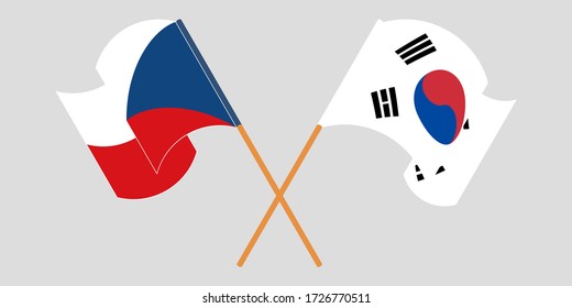 Banderas cruzadas y ondeando banderas de la República Checa y Corea del Sur
