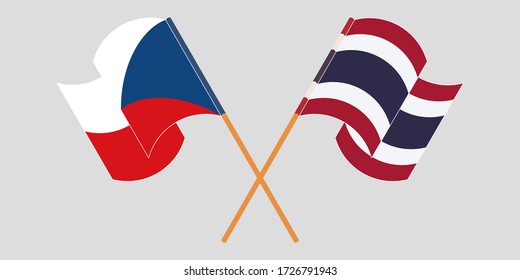 Banderas cruzadas y ondeando banderas de la República Checa y Tailandia