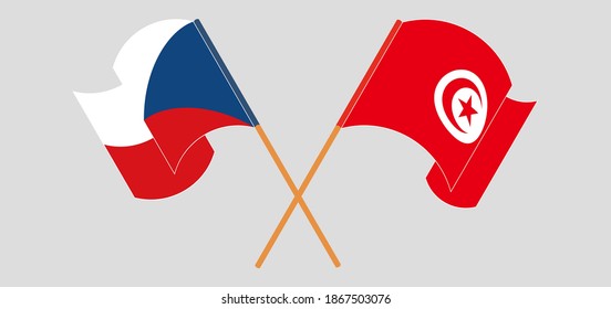 Banderas cruzadas y ondeando banderas de la República Checa y Túnez