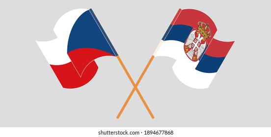 Crossed and waving flags of Czech Republic and Serbia