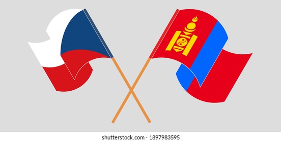 Crossed and waving flags of Czech Republic and Mongolia