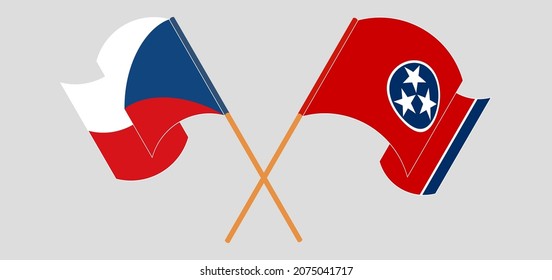 Crossed and waving flags of Czech Republic and The State of Tennessee. Vector illustration