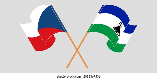 Crossed and waving flags of Czech Republic and Kingdom of Lesotho. Vector illustration
