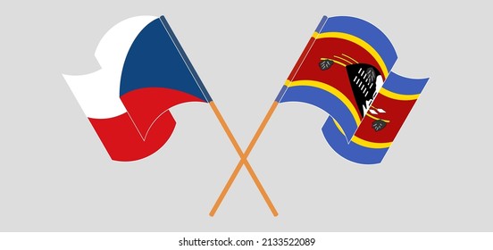 Crossed and waving flags of Czech Republic and Eswatini. Vector illustration
