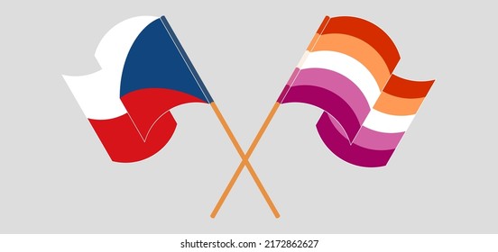 Crossed and waving flags of Czech Republic and Lesbian Pride. Vector illustration
