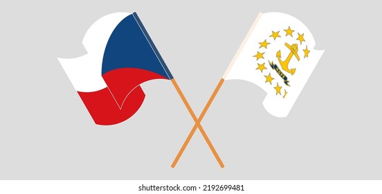 Banderas cruzadas y ondeando banderas de la República Checa y del Estado de la Isla de Rhode. Ilustración del vector
