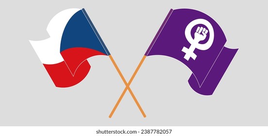 Cruzando y ondeando banderas de la República Checa y Feminismo. Ilustración del vector
