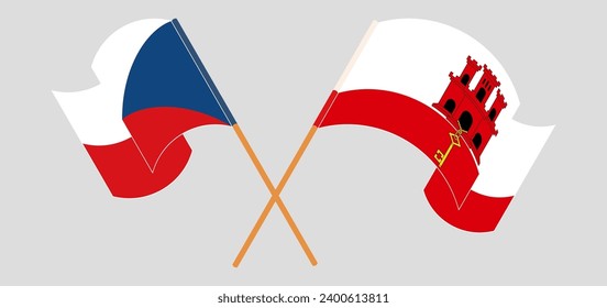 Crossed and waving flags of Czech Republic and Gibraltar. Vector illustration

